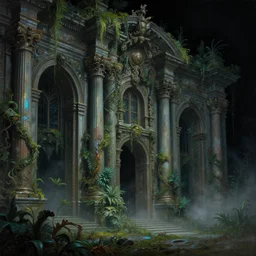 dark baroque neoclassicist halls overgrown with swamplife. close - up view, detailed iridescent textures. glowing fog, dark black background. highly detailed fantasy science fiction painting by moebius, norman rockwell, frank frazetta, and syd mead. rich colors, high contrast