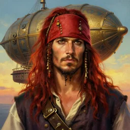 portrait painting of a handsome face rugged long hair crimson hair male pirate, top half portrait soft hair steampunk ornate zeppelin blimp airship in the background sky sunset golden hour fantasy soft hair trending on artstation deviantart book cover art dramatic volumetric lighting art by stephan martiniere wlop greg rutkowski gaston bussiere