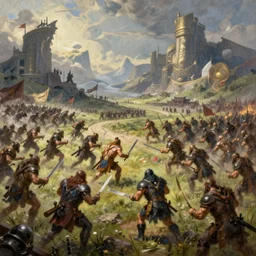 painted image offantasy battlefield, orcs fighting humans, fantasy intricate elegant extremely detailed digital painting trending artstation concept art sharp focus illustration art by gustave courbet greg rutkowski craig mullins