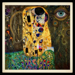 The Lost Souvenir by Karol Bak, Jean Deville, Gustav Klimt, and Vincent Van Gogh, mystic eye, otherworldly, vintage well-worn postcard, scenic landscape, fractal structures, arcane, inferno, inscribed runes, infernal relics, ornate gilded medieval icon, third eye, spirals, rich deep moody colors