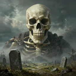 a full - face portrait of a giant skeleton overlooking a tombstone mountain, surrealism, rendered in octane, 4 k, concept art, elden ring monster, dark souls