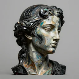 hyper realistic. abstract female face silhouette mixing with black and color liquid fluid. abstract sculpture. art deco swirls. masterpiece by michelangelo. concept art, matte painting. greg rutkowski, wlop, victo ngai, kandinski