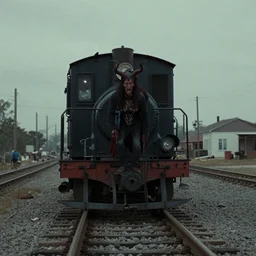 the disembodied spirit of a dangerous railroad demon, Boxcar on the railroad, Cinematic, 35mm, film still from horror movie