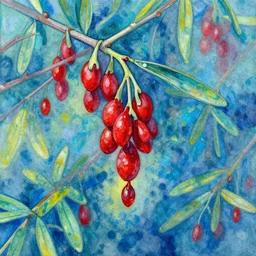 goji berry,painted by Edward Gorey and Paul Wenzel and George Barr and Stephen Youll,trending on artstation, iridescent cool blue and cyan and red and blue and yellow and green lighting front view futuresynth , outrun , vibrant colors, Sabattier filter , Watercolor