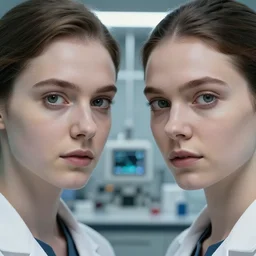 movie closeup polar opposites, couple, researchers in a futuristic weapons lab, beautiful skin, Symmetrical faces. Beautiful lighting by Emmanuel Lubezki