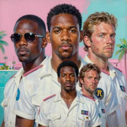 an oil painting portrait of crockett and tubbs in eighties miami vice, ultra realistic, highly detailed faces, true life, 8 k, masterpiece, cinematic by frank frazetta, greg rutkowski, christian macnevin, beeple, wlop, krenz cushart, epic character art, volumetric lighting, pink white turquoise
