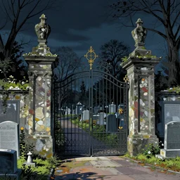 a gonzo illustration titled in front of the cemetery gates, moody, sharp, night, exquisite, vibrant colors, ultra wide angle, masterpiece, cinematic, high detail, by karl kopinski, by kim jung ji