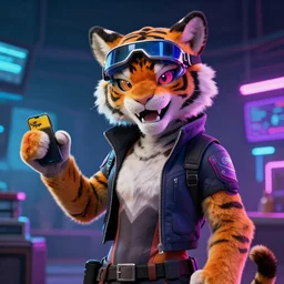 cyberpunk anthro tiger computer hacker spandex skater goggles cat person grinning netrunner tiger itsaunixsystem furry fursuit feline