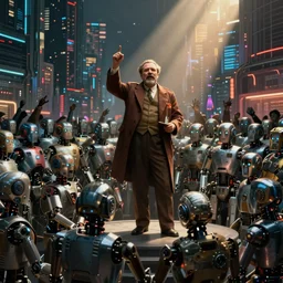 robot revolutionary speaking to a !!!!crowd of robots!!!! amid the backdrop of a cyberpunk city in the socialist realist style of lenin speaking to the red army by isaac brodsky
