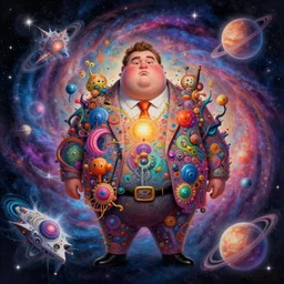assassination of a fat politician, psychedelic galaxy background with spiraling stars and planets, fractal spaceships flying, interesting and complex character design, digital painting masterpiece by mœbius, kim jung gi, karl kopinski, ilya kuvshinov, 4 k wallpaper, trending on artstation