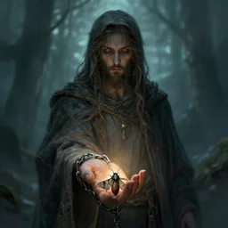 God Returned with the moth chained to his hand, digital art