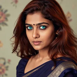 close - up shot, studio photographic portrait of beautiful indian girl in sari, brown reddish hair, eyes with crystal teal iris, haunting, looking at viewer, dynamic lighting, random outdoor wallpaper background, photorealistic, 2 5 mm