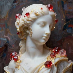 abstract highly detailed female sculpture portrait made of white marble and red crystals quartz, ethereal lights, fine details, artstation, film still, rim light, cinematic photoshooting, luxury, 8 k, intricate golden filigree, octane render, hypperrealistic painting, abstract liquid acrylic art by renoir and monet