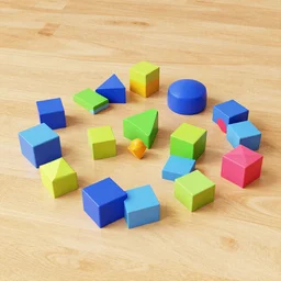 full spectrum 3D blocks and shapes on wood floor 4K