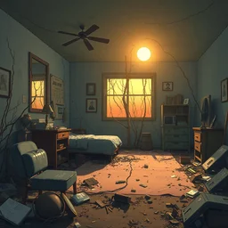 a stylized 2 d cinematic keyframe of a post - apocalyptic kid's room at dawn covered by nature, debris, abandoned, joy gaze, cel - shaded, classical animation, edge - to - edge print, rendered by studio ghibli, artgerm, alyssa monks, andreas rocha, david kassan, neil blevins, rule of thirds, golden ratio, ambient lighting, art