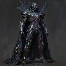 dark cyborg armour cloak entity made of intricate hyper - complex circuitry and microchips, iridescent, warrior assassin, black full body, colorful, intricate linework, gothic baroque, intimidating athletic stance, magical, realistic oil painting, artstation, rutkowski, wlop, chebokha, artgerm