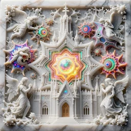 a beautiful intricate stone carving of a sprawling psychedelic cathedral populated by mandelbrot fractals by android jones, carved soap, unreal engine, white color scheme, splashes of color, volumetric lighting, dynamic lighting, bright, dramatic lighting, high contrast, neon glow, carved marble, opalescent, sacred geometry, religious, angelic, catholicpunk, stark, trending on artstation