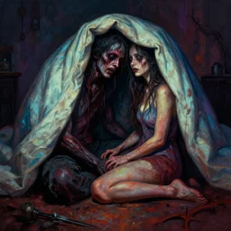 cinematic colorful horror artwork by artgerm, and mark brooks ; real life full portrait of james and his wife teri mating under blankets hiding their figures ; melancholy haunting ; 8 k hdr, creepy intricate, long shadows ; volumetric dramatic lighting, insanely detailed