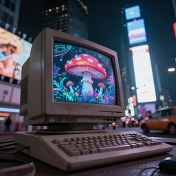 a low angle shot of a decaying vintage computer, with a psychedelic mushroom on the screen, in a post apocalyptic Times square New York City, at night, unreal 5, DAZ, hyperrealistic, octane render, RPG portrait, dynamic lighting