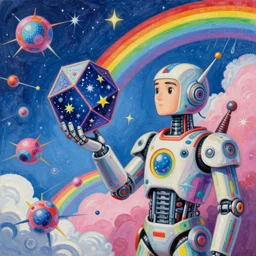 surreal gouache painting, by yoshitaka amano, by ruan jia, by conrad roset, by kilian eng, by good smile company, incredibly detailed, of floating molecules and a robot artist holding an icosahedron with stars, clouds, and rainbows in the background, cgsociety, artstation, modular patterned mechanical costume and headpiece, retrowave atmosphere