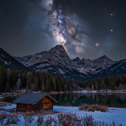 a beautiful double exposure of a deep field astrophotography image by hubble in the sky, and a night time landscape with towering mountains, forests and a still lake with reflections, wooden cabin in foreground, snow, lpoty, award winning, apod, low noise, detailed, sharp