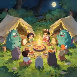 lab to create cute monsters and creatures joyfully having a feast, basking under moonlight in a campsite, aerial view, natural lighting, playful color scheme, intricate details, matte painting, illustration, by hayao miyazaki