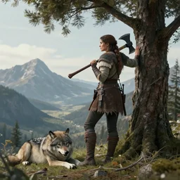 a warrior, female, she carries an axe, the axe is resting on her shoulder, she is grabbing a nearby tree, looking onto the horizon, a big wolf is next to her, fall, mountain landscape, portrait by magali villeneuve and ames jean and artgerm and greg rutkowski, 4 k, artstation, realistic, cinematic composition, d & d