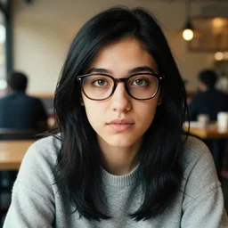 a photograph of a nerdy young woman from ucla wearing a sweater, sitting in a cozy cafe, black hair, dof, sharp focus, highly detailed face, symmetric face, realistic iris, cinestill 8 0 0 t, photography by mario testino