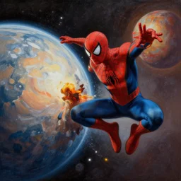 highly detailed epic painting of spiderman stoping two planets from colliding