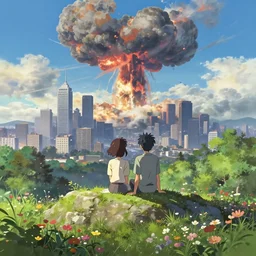 a couple sitting on top of a rock covered floral serene hillside watching a nuclear explosion in a distant city with skyscrapers, a detailed matte painting by makoto shinkai, apocalyptic sky, sharp focus, anime asthetic, cgsociety, fantasy art, cinematic, artstation hq, vfxfriday, dystopian art