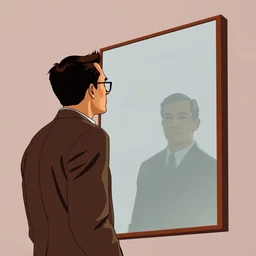 full body portrait of a man looking into a giant mirror, by alex toth, edward hopper, limited neutral palette, by pascal campion, petros afshar, anton fadeev, dean ellis, beautiful graphic design, propaganda poster art 1 9 7 0 s illustrated advertising art, painterly character design