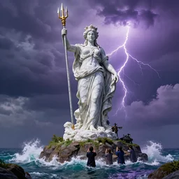 gigantic marble statue of the goddess of the sea wielding a trident on an island. roiling waves at the base. scene lit by lightning. thunderclouds in the background. fantasy setting. magicians praying to the statue. purples and greens. fantasy aesthetic. extremely detailed. digital art. family friendly