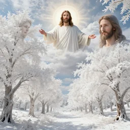 a fantasy landscape with white beautiful trees and jesus in heaven, perfect faces, jesus, jesus, jesus