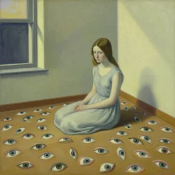 a painting of a girl in a room full of eyes on the floor, a highly detailed edward hopper painting, by adrian ghenie and gerhard richter