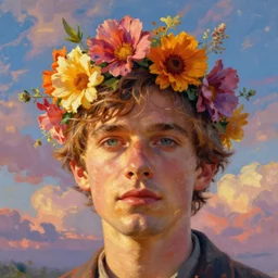 close - up portrait, surreal photography, golden hour, colorful clouds, the dude from the big lebowski, flowers as hair, impressionist painting, digital painting, artstation, lauren brevner