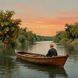 surreal art of rod serling on a boat, on a river, with tangerine trees and marmalade skies