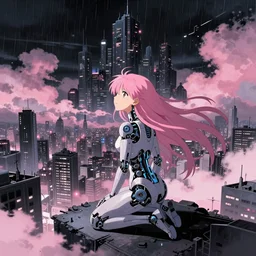 android mechanical cyborg anime girl kneeling overlooking overcrowded urban dystopia. long flowing hair. pink pastel clouds. gigantic future city. pitch black night. raining. makoto shinkai. wide angle. distant shot. dark and dreary.