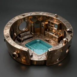 cropped extreme telephoto zoom of!!!!!! metal sculpture!!!!!, depicting a!! futuristic lounge room!! with pool + kitchen + bbq ( ( ( sculpture styling influenced by norman rockwell + frank frazetta + syd mead ) ) ) ( matte metal material, minimal reflections, metal weld points ), no figures, no people