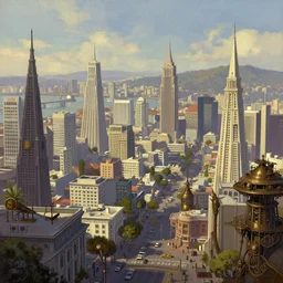 steampunk view of san francisco, various famous landmarks visible. artistic painterly by greg rutkowski and trending on artstation, favorites on deviantart