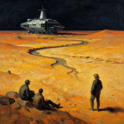the spaceship crash site by ivan shishkin and zacharias aagaard and simon stalenhag and escher, dry river bed, barren desert, chiaroscuro, tonalism, sfumato, high saturation, high contrast, vibrant, fuzzy details, dusty