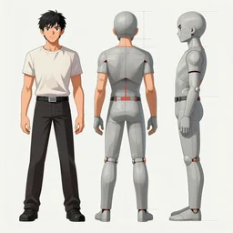 a reference sheet containing three pictures. a hero in the front back view and side view, proportions, ready to model,