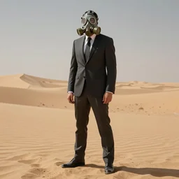 man in a suit and wearing a gas mask standing in a desert wasteland background, dreary, smooth, sharp focus, beautifully detailed, digital art, concept art, trending on artstation, by alena aenami