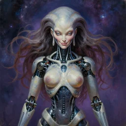 perfectly centered portrait, front view of a beautiful biomechanical android alien robot buddha, female, flowing hair, intense stare, sarcastic smile, symmetrical, concept art, intricate detail, volumetric shadows and lighting, cosmic background, realistic oil painting by tim hildebrandt,