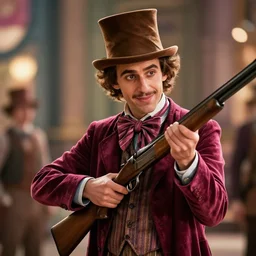anton chigurh holding his shotgun as willy wonka, cinematic still, movie still, hyper detailed, 8 k, 9 0 0 0 k, bokeh