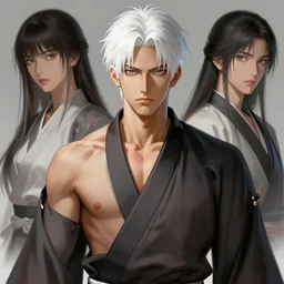 white haired parted through middle young japanese man wearing hakama, art by artgerm and greg rutkowski and magali villeneuve, handsome, portrait, muscular, highly detailed, digital painting, trending on artstation, concept art, sharp focus, illustration