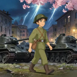wholesome animation studio Ghibli of a young soldier walking near some nazists and tanks in the city of Genova. Sharp bloom dramatic lightning