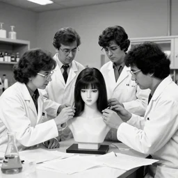 scientists in lab coats trying to invent anime girls in real life, 1985 BW photo, secret documents leak