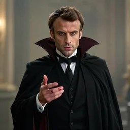 emmanuel macron as dracula, vampire, macron, eerie, cinematic, movie still, emmanuel macron, fantasy, natural light, blood, sharp focus, dark ambience, natural light