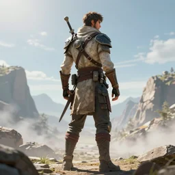 an intricate concept art of a explorer nomad man standing, back - view, anime style, global illumination, digital art, photorealistic movie still, style ivan talavera and artgerm, hyper realistic, photorealistic, octane render, trending on artstation, cgsociety, cinematic light, 8 k