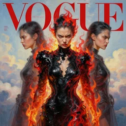 3 d, angry fashion model, flame, liquid black and red water, morning, vogue cover style, poster art, high detail, intricate oil painting, multiple exposure, heaven mood, hyperrealism, 3 d, by tooth wu and wlop and beeple and greg rutkowski